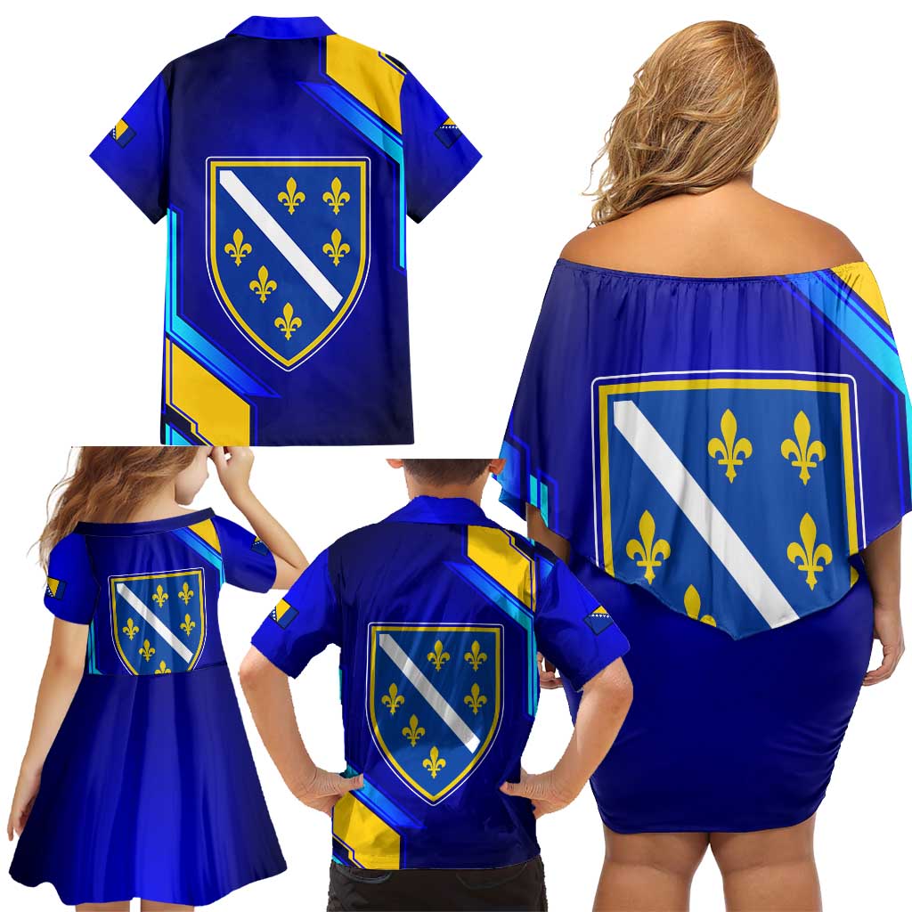 Bosnia and Herzegovina Coat of Arms Family Matching Off Shoulder Short Dress and Hawaiian Shirt Blend of National Colors & Symbols
