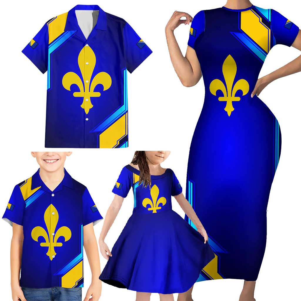 Bosnia and Herzegovina Coat of Arms Family Matching Short Sleeve Bodycon Dress and Hawaiian Shirt Blend of National Colors & Symbols