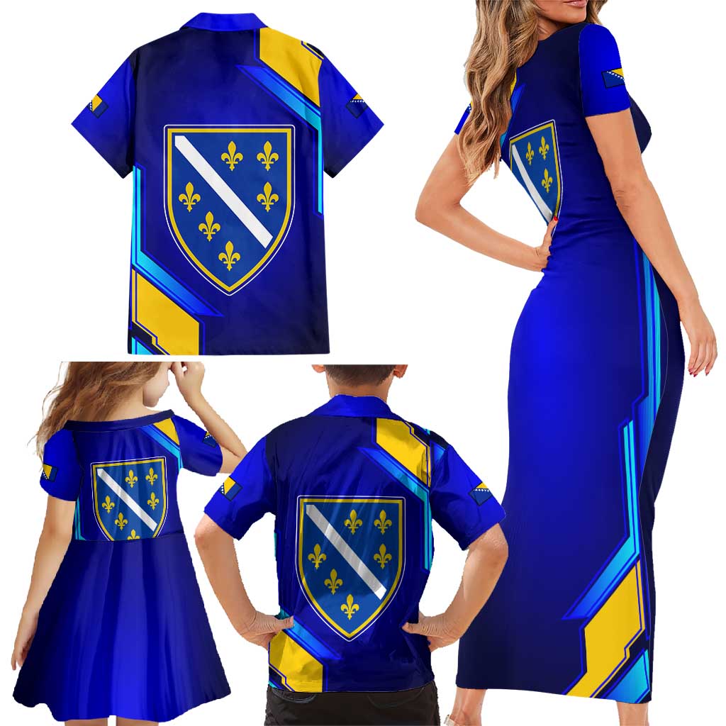 Bosnia and Herzegovina Coat of Arms Family Matching Short Sleeve Bodycon Dress and Hawaiian Shirt Blend of National Colors & Symbols