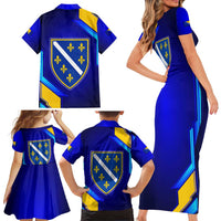 Bosnia and Herzegovina Coat of Arms Family Matching Short Sleeve Bodycon Dress and Hawaiian Shirt Blend of National Colors & Symbols