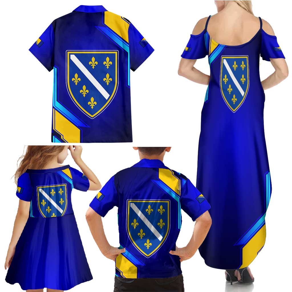 Bosnia and Herzegovina Coat of Arms Family Matching Summer Maxi Dress and Hawaiian Shirt Blend of National Colors & Symbols