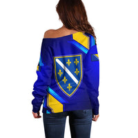 Bosnia and Herzegovina Coat of Arms Off Shoulder Sweater Blend of National Colors & Symbols