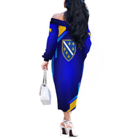 Bosnia and Herzegovina Coat of Arms Off The Shoulder Long Sleeve Dress Blend of National Colors & Symbols