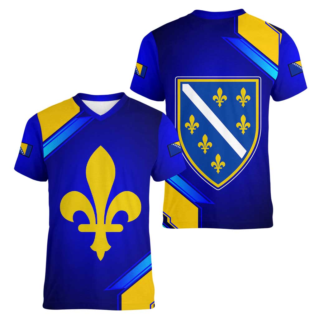 Bosnia and Herzegovina Coat of Arms Women V-Neck T-Shirt Blend of National Colors & Symbols