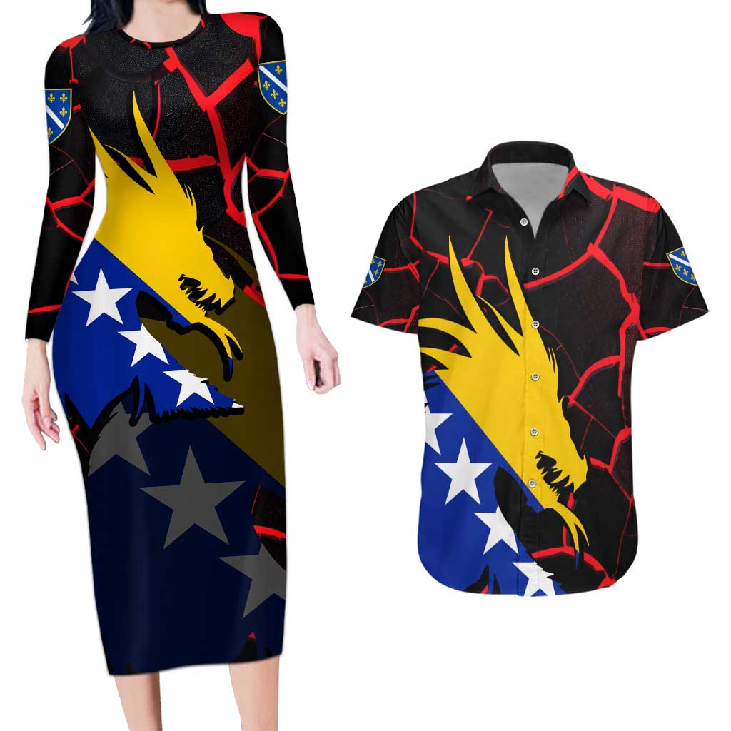 Bosnia and Herzegovina Flag Couples Matching Long Sleeve Bodycon Dress and Hawaiian Shirt with Dragon Shape - Fusion of National Pride & Sports Spirit
