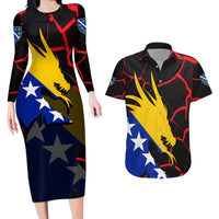 Bosnia and Herzegovina Flag Couples Matching Long Sleeve Bodycon Dress and Hawaiian Shirt with Dragon Shape - Fusion of National Pride & Sports Spirit