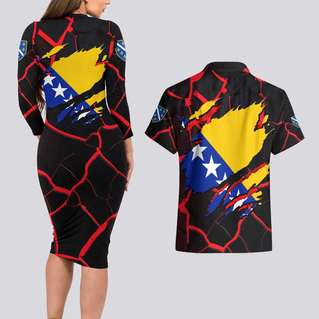 Bosnia and Herzegovina Flag Couples Matching Long Sleeve Bodycon Dress and Hawaiian Shirt with Dragon Shape - Fusion of National Pride & Sports Spirit