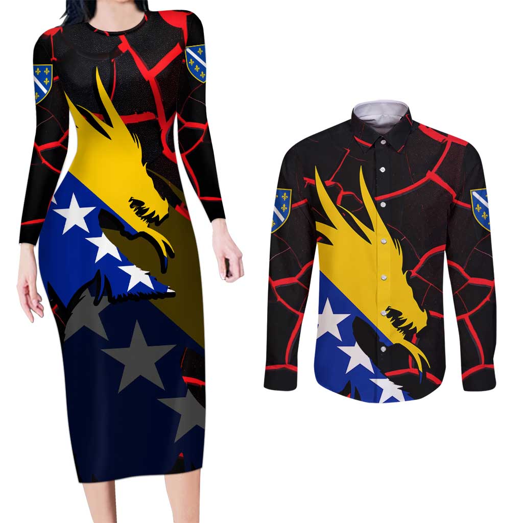 Bosnia and Herzegovina Flag Couples Matching Long Sleeve Bodycon Dress and Long Sleeve Button Shirt with Dragon Shape - Fusion of National Pride & Sports Spirit