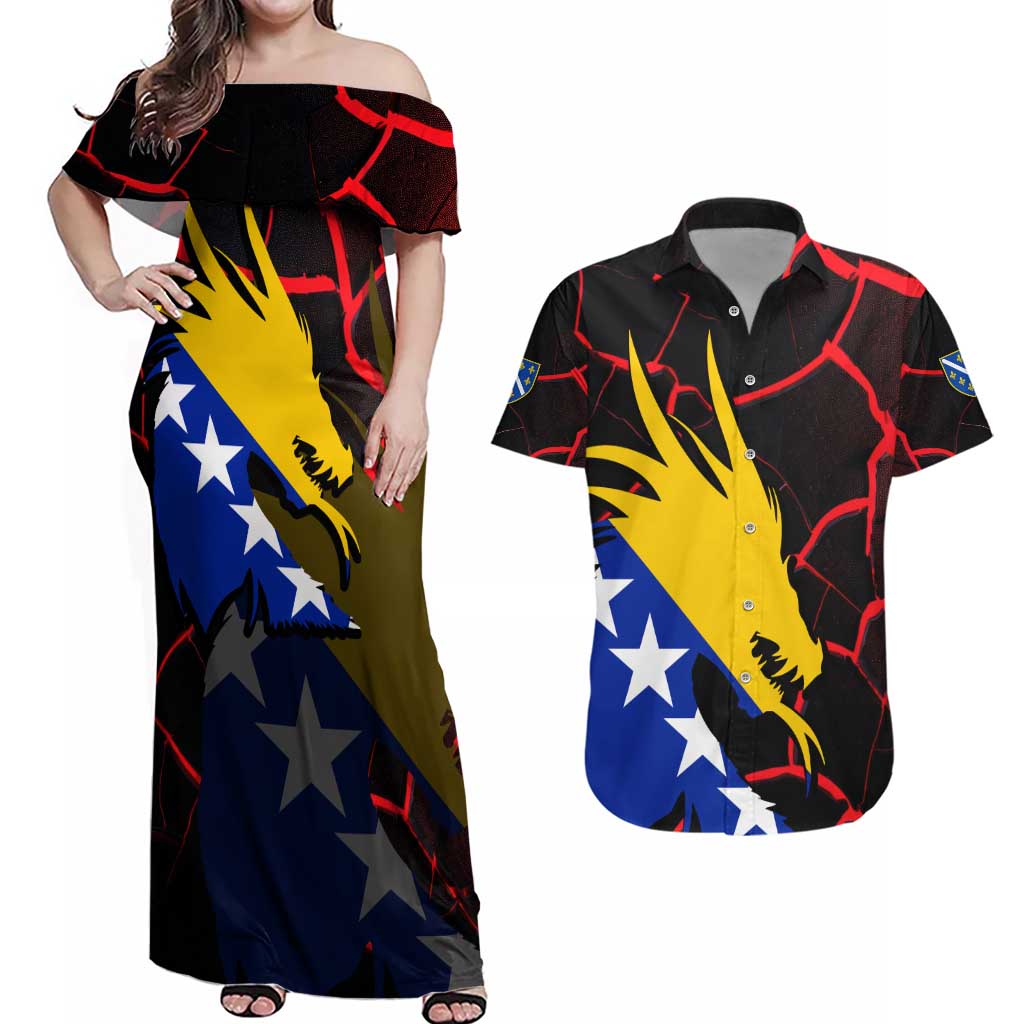 Bosnia and Herzegovina Flag Couples Matching Off Shoulder Maxi Dress and Hawaiian Shirt with Dragon Shape - Fusion of National Pride & Sports Spirit