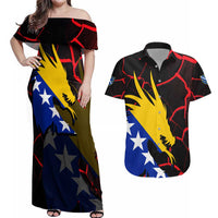 Bosnia and Herzegovina Flag Couples Matching Off Shoulder Maxi Dress and Hawaiian Shirt with Dragon Shape - Fusion of National Pride & Sports Spirit