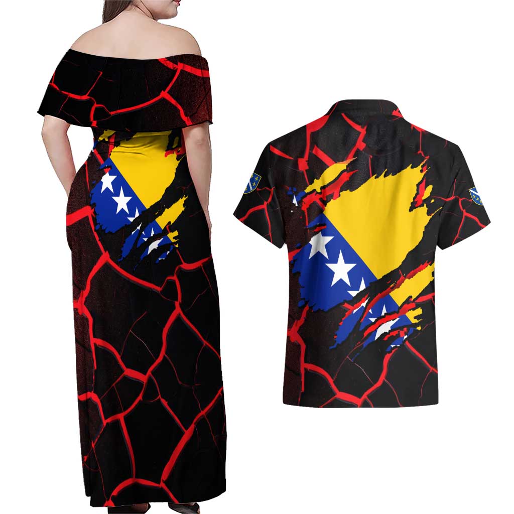 Bosnia and Herzegovina Flag Couples Matching Off Shoulder Maxi Dress and Hawaiian Shirt with Dragon Shape - Fusion of National Pride & Sports Spirit