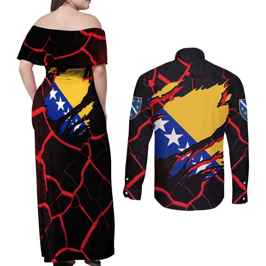 Bosnia and Herzegovina Flag Couples Matching Off Shoulder Maxi Dress and Long Sleeve Button Shirt with Dragon Shape - Fusion of National Pride & Sports Spirit