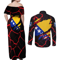 Bosnia and Herzegovina Flag Couples Matching Off Shoulder Maxi Dress and Long Sleeve Button Shirt with Dragon Shape - Fusion of National Pride & Sports Spirit