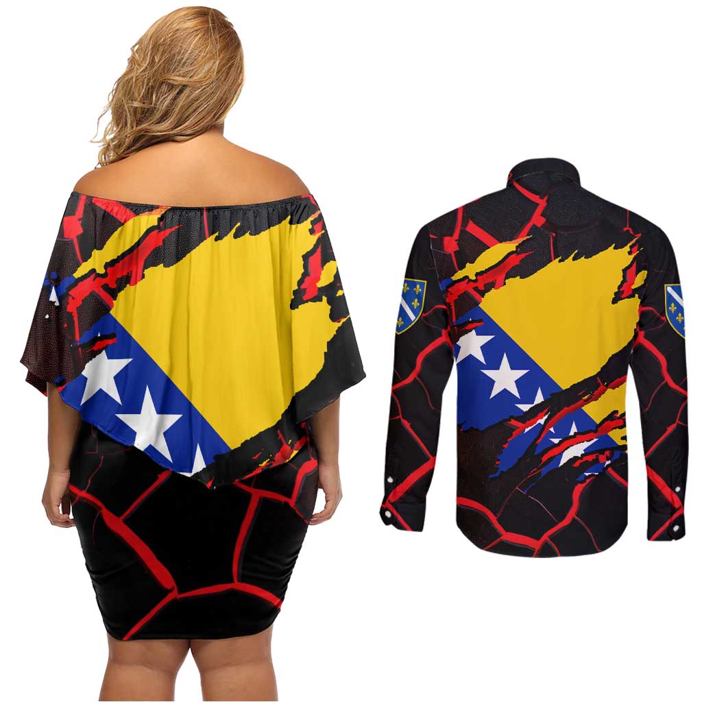 Bosnia and Herzegovina Flag Couples Matching Off Shoulder Short Dress and Long Sleeve Button Shirt with Dragon Shape - Fusion of National Pride & Sports Spirit