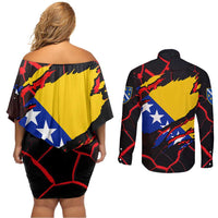 Bosnia and Herzegovina Flag Couples Matching Off Shoulder Short Dress and Long Sleeve Button Shirt with Dragon Shape - Fusion of National Pride & Sports Spirit