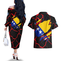 Bosnia and Herzegovina Flag Couples Matching Off The Shoulder Long Sleeve Dress and Hawaiian Shirt with Dragon Shape - Fusion of National Pride & Sports Spirit