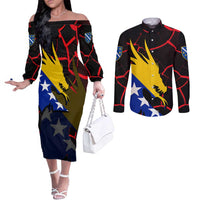 Bosnia and Herzegovina Flag Couples Matching Off The Shoulder Long Sleeve Dress and Long Sleeve Button Shirt with Dragon Shape - Fusion of National Pride & Sports Spirit