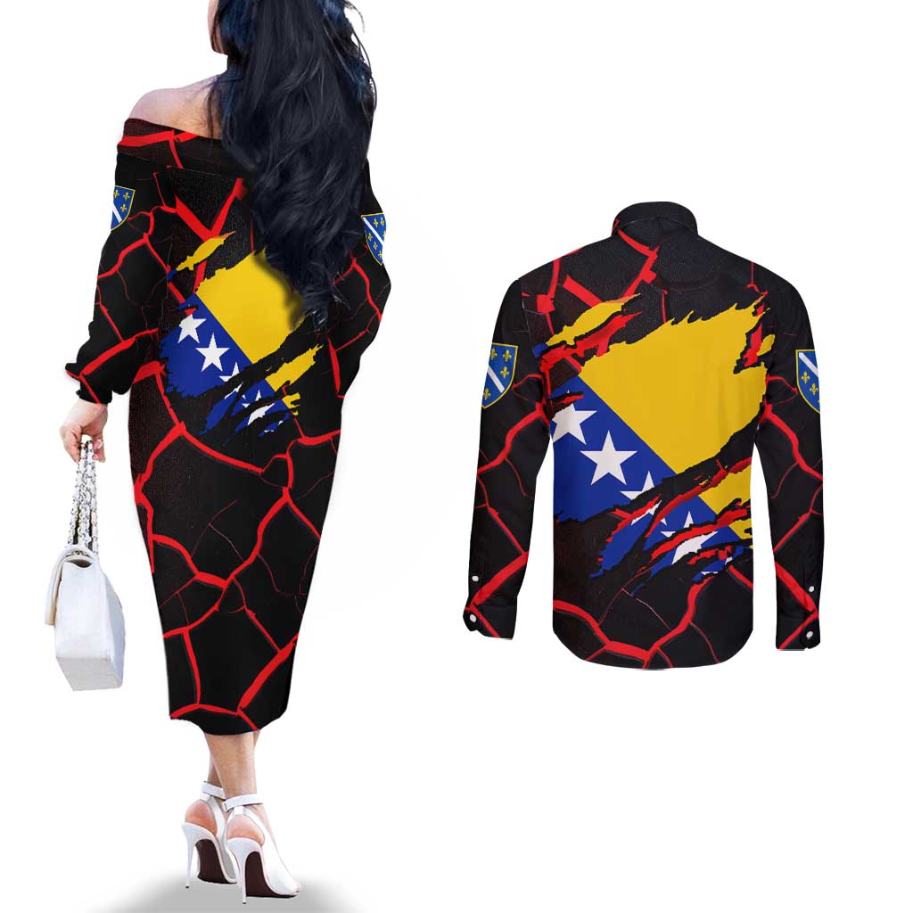 Bosnia and Herzegovina Flag Couples Matching Off The Shoulder Long Sleeve Dress and Long Sleeve Button Shirt with Dragon Shape - Fusion of National Pride & Sports Spirit