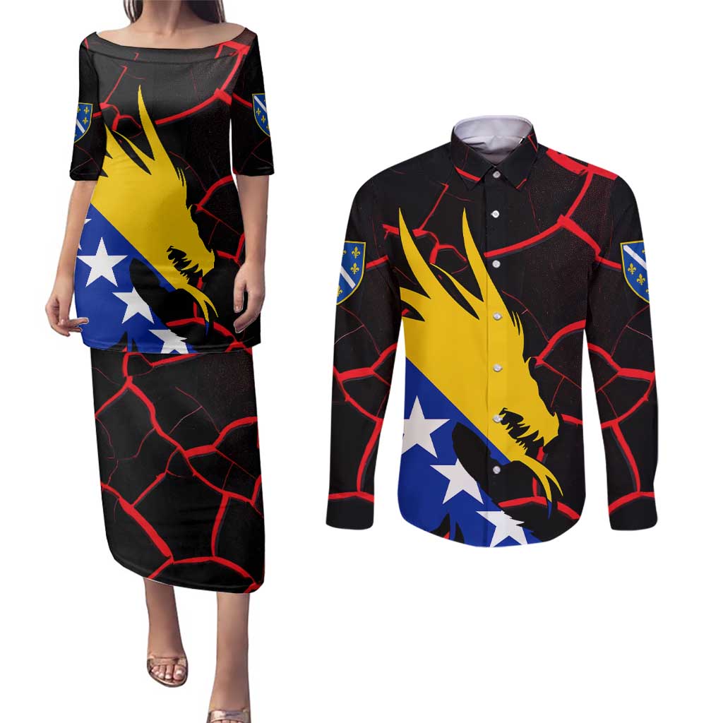 Bosnia and Herzegovina Flag Couples Matching Puletasi and Long Sleeve Button Shirt with Dragon Shape - Fusion of National Pride & Sports Spirit