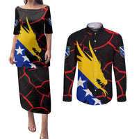 Bosnia and Herzegovina Flag Couples Matching Puletasi and Long Sleeve Button Shirt with Dragon Shape - Fusion of National Pride & Sports Spirit