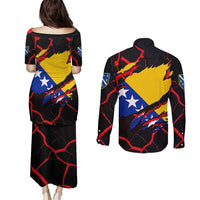Bosnia and Herzegovina Flag Couples Matching Puletasi and Long Sleeve Button Shirt with Dragon Shape - Fusion of National Pride & Sports Spirit