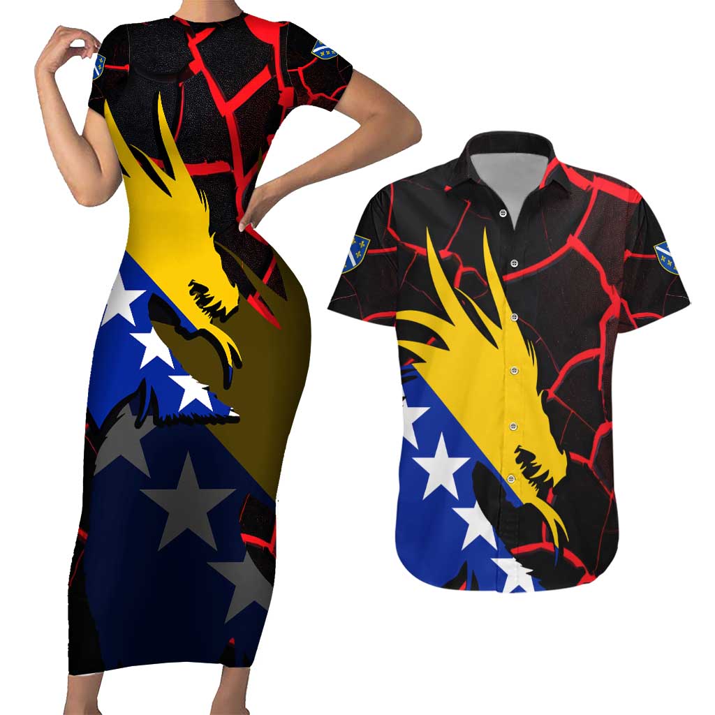 Bosnia and Herzegovina Flag Couples Matching Short Sleeve Bodycon Dress and Hawaiian Shirt with Dragon Shape - Fusion of National Pride & Sports Spirit