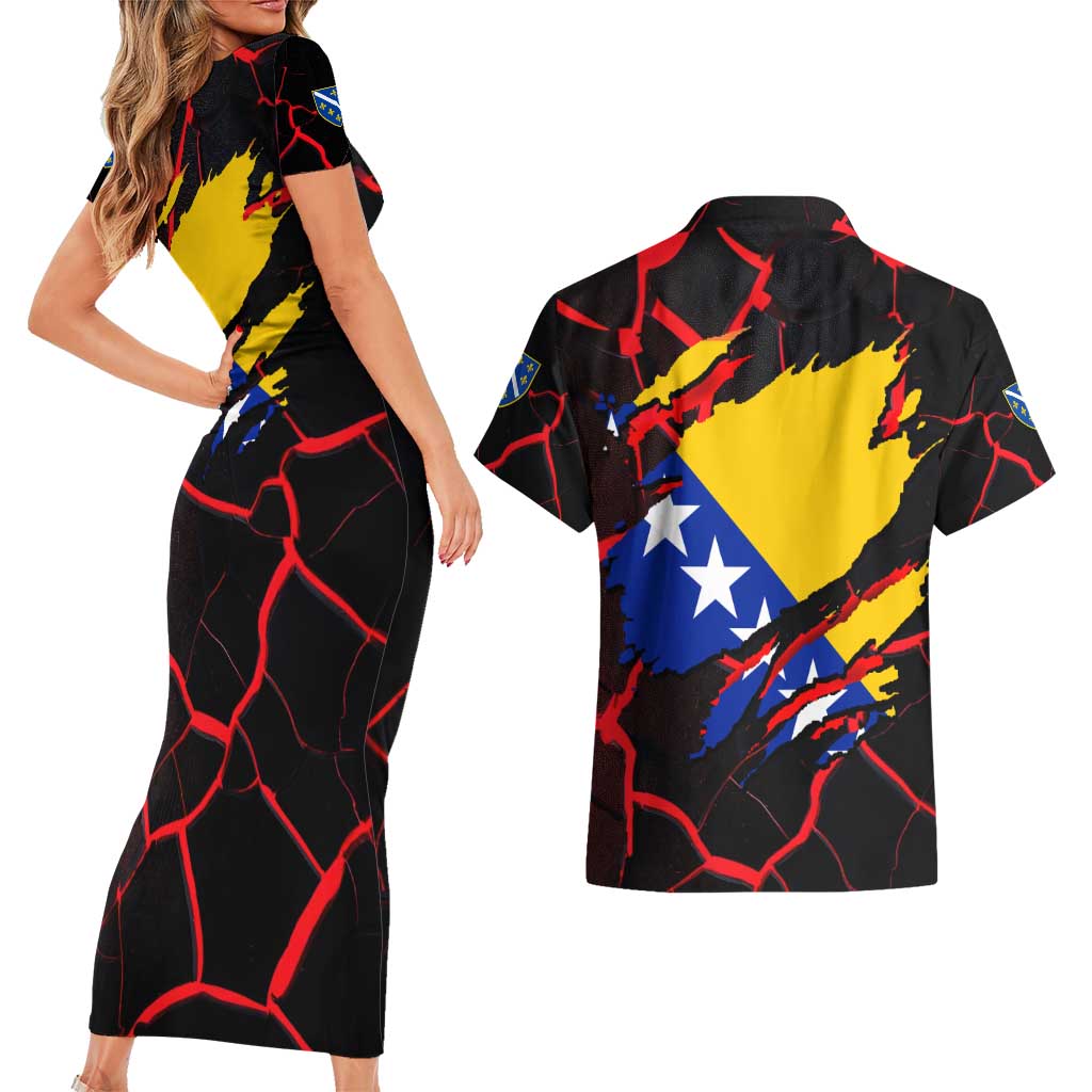Bosnia and Herzegovina Flag Couples Matching Short Sleeve Bodycon Dress and Hawaiian Shirt with Dragon Shape - Fusion of National Pride & Sports Spirit