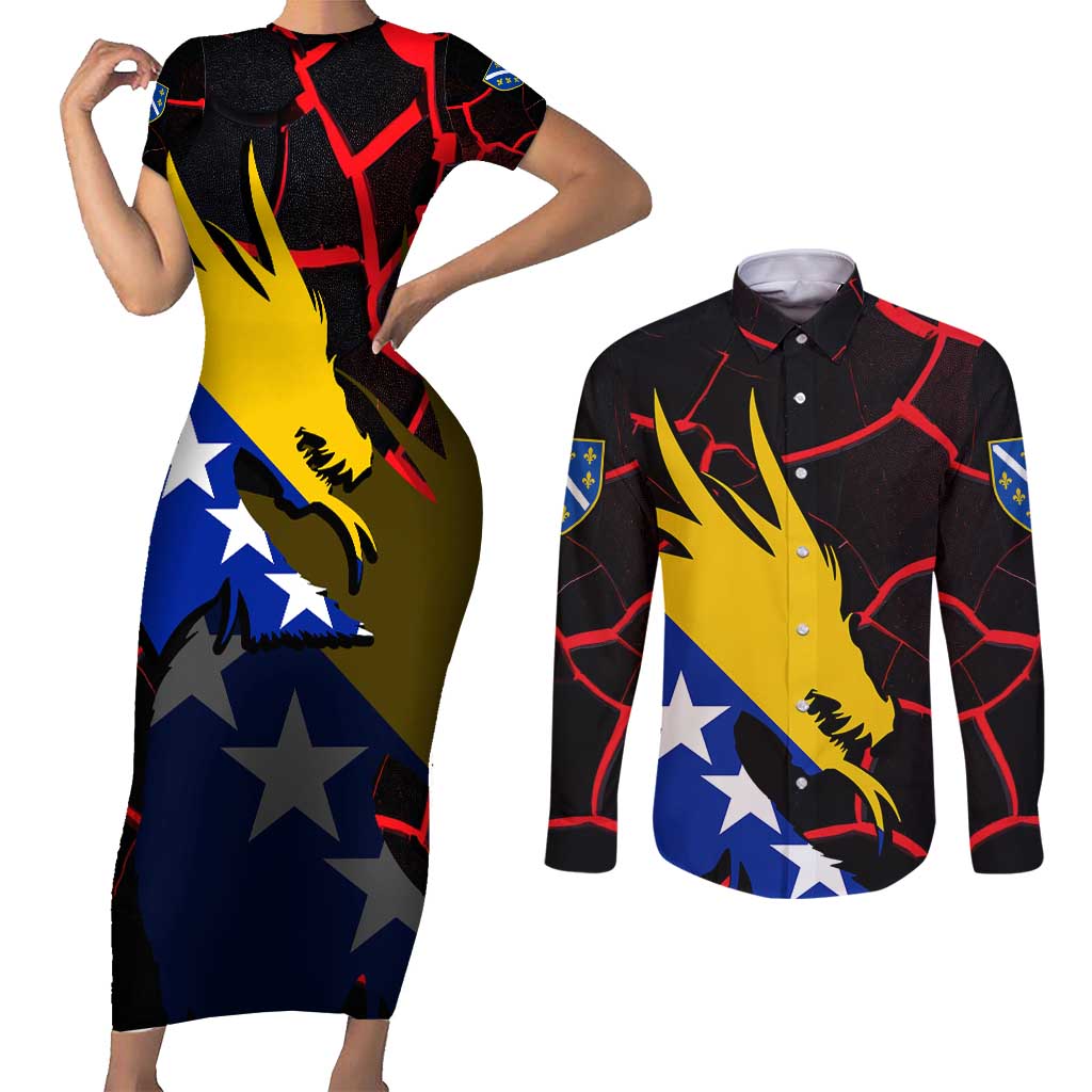 Bosnia and Herzegovina Flag Couples Matching Short Sleeve Bodycon Dress and Long Sleeve Button Shirt with Dragon Shape - Fusion of National Pride & Sports Spirit