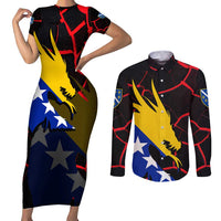 Bosnia and Herzegovina Flag Couples Matching Short Sleeve Bodycon Dress and Long Sleeve Button Shirt with Dragon Shape - Fusion of National Pride & Sports Spirit
