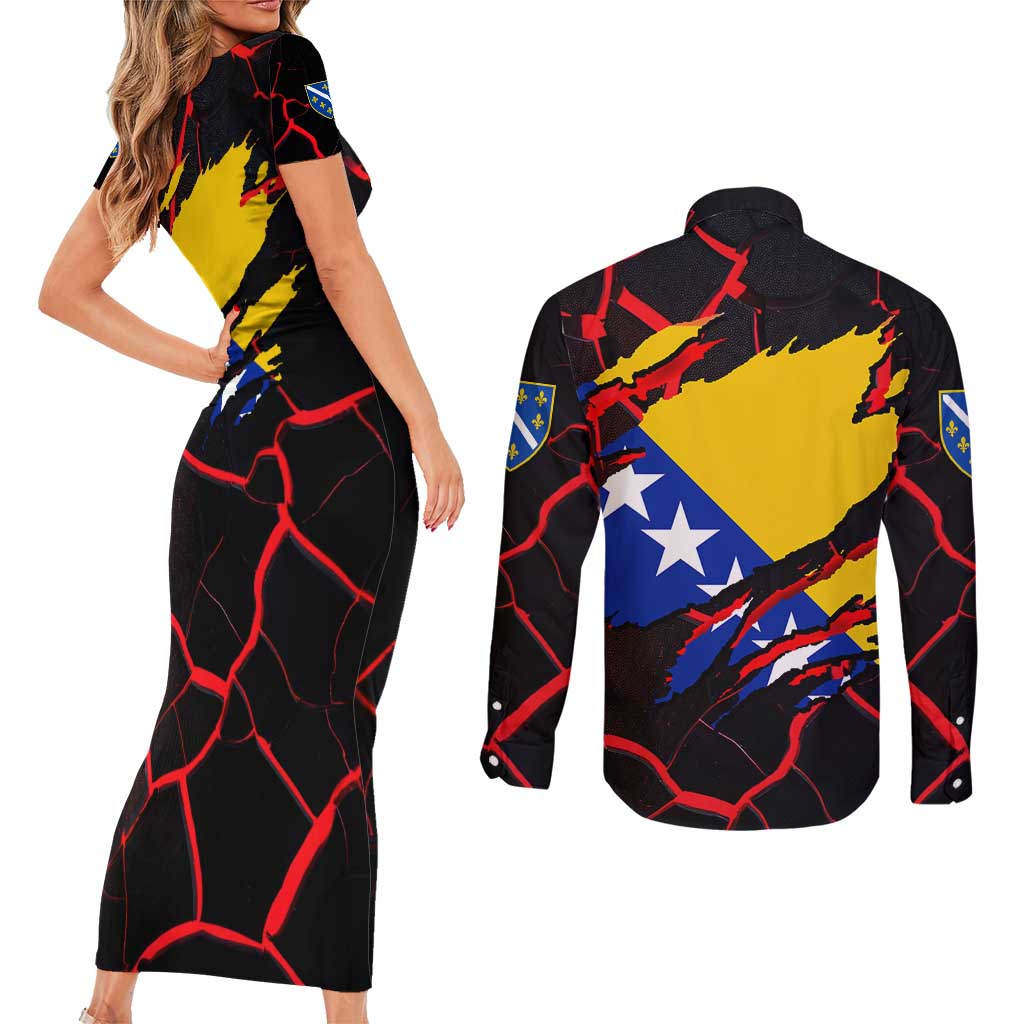 Bosnia and Herzegovina Flag Couples Matching Short Sleeve Bodycon Dress and Long Sleeve Button Shirt with Dragon Shape - Fusion of National Pride & Sports Spirit