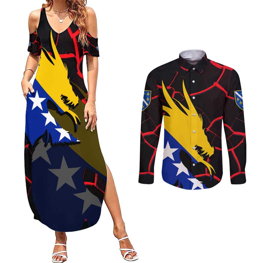 Bosnia and Herzegovina Flag Couples Matching Summer Maxi Dress and Long Sleeve Button Shirt with Dragon Shape - Fusion of National Pride & Sports Spirit