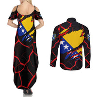 Bosnia and Herzegovina Flag Couples Matching Summer Maxi Dress and Long Sleeve Button Shirt with Dragon Shape - Fusion of National Pride & Sports Spirit