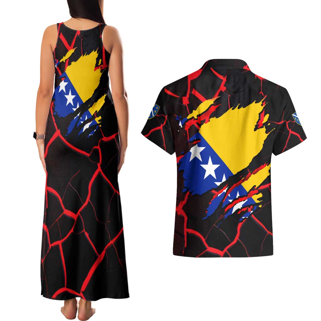 Bosnia and Herzegovina Flag Couples Matching Tank Maxi Dress and Hawaiian Shirt with Dragon Shape - Fusion of National Pride & Sports Spirit