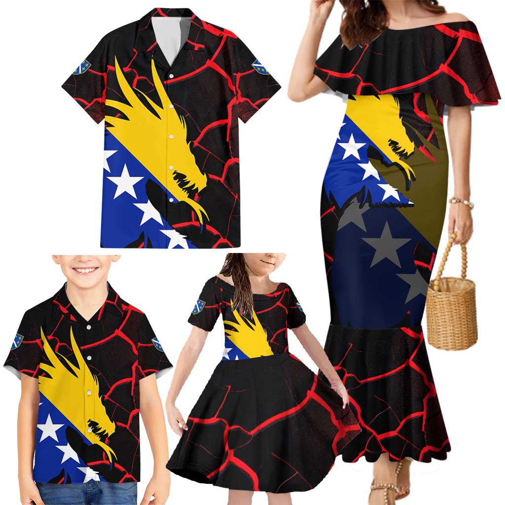 Bosnia and Herzegovina Flag Family Matching Mermaid Dress and Hawaiian Shirt with Dragon Shape - Fusion of National Pride & Sports Spirit