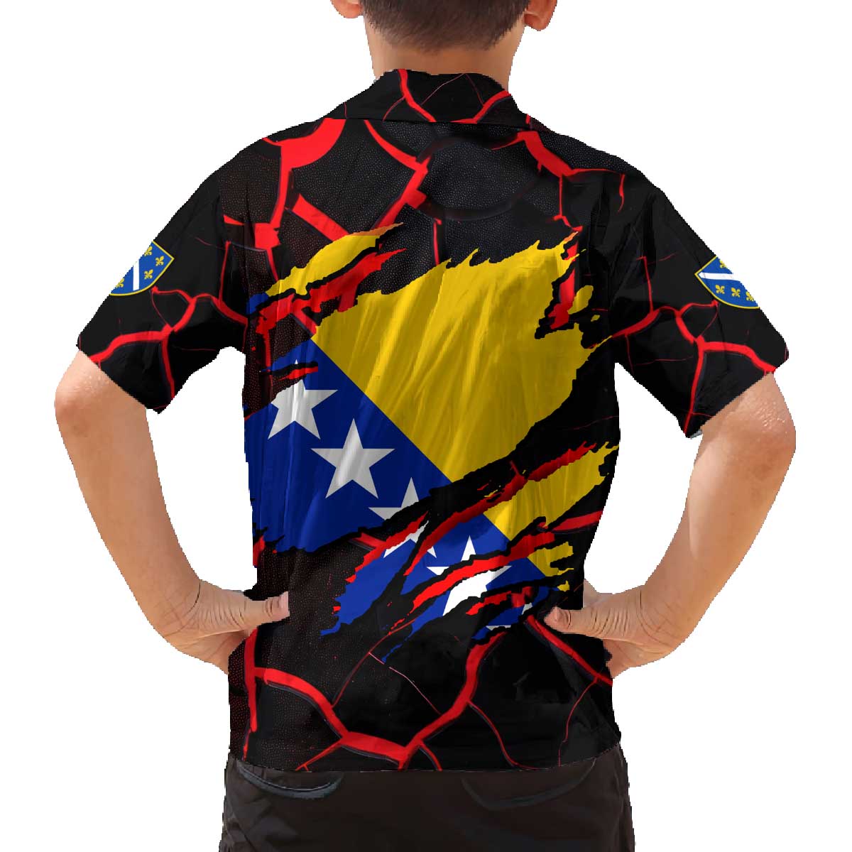 Bosnia and Herzegovina Flag Family Matching Off The Shoulder Long Sleeve Dress and Hawaiian Shirt with Dragon Shape - Fusion of National Pride & Sports Spirit