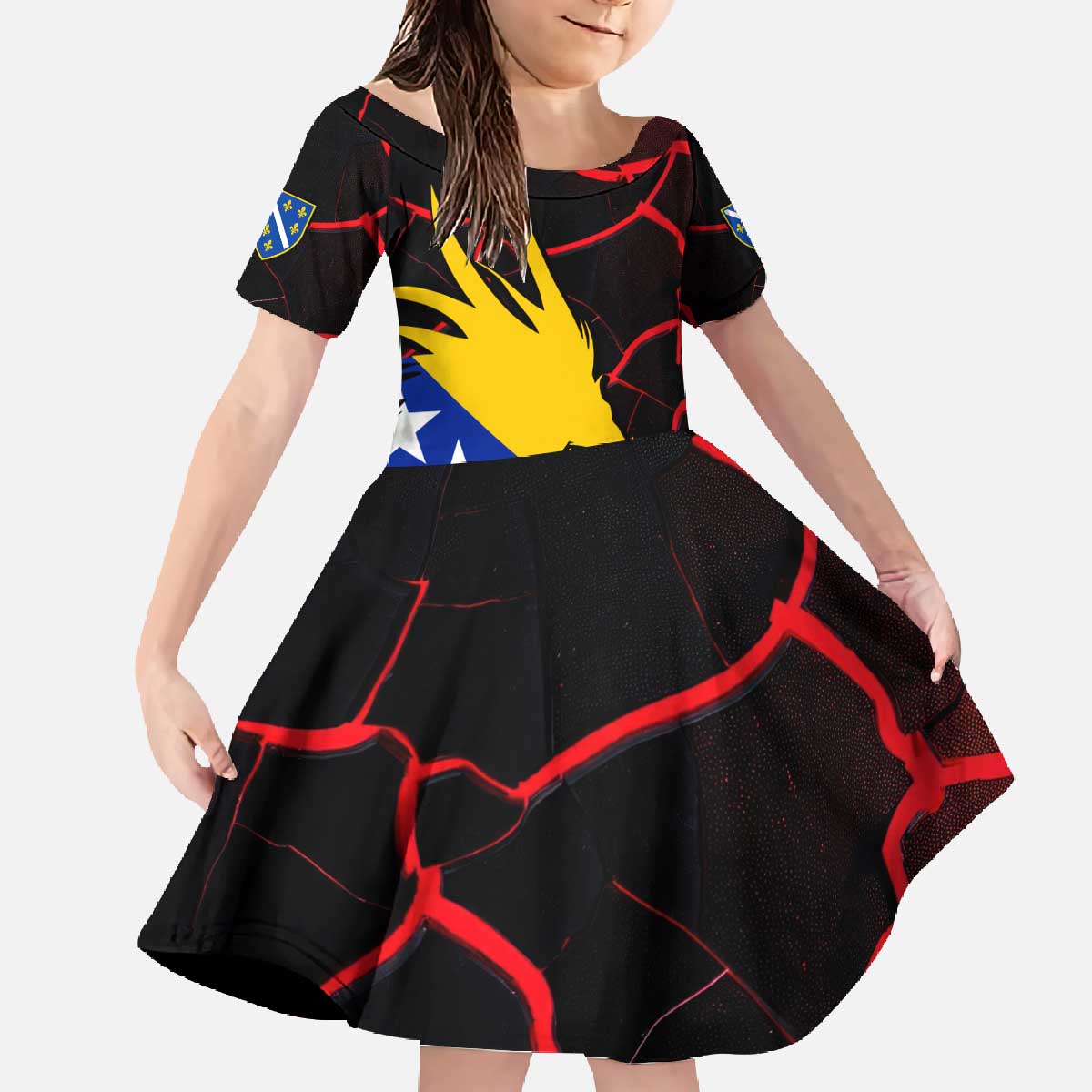 Bosnia and Herzegovina Flag Family Matching Off The Shoulder Long Sleeve Dress and Hawaiian Shirt with Dragon Shape - Fusion of National Pride & Sports Spirit