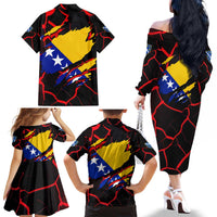 Bosnia and Herzegovina Flag Family Matching Off The Shoulder Long Sleeve Dress and Hawaiian Shirt with Dragon Shape - Fusion of National Pride & Sports Spirit