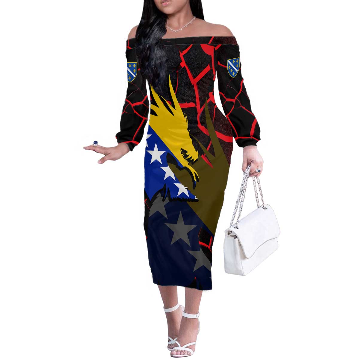 Bosnia and Herzegovina Flag Family Matching Off The Shoulder Long Sleeve Dress and Hawaiian Shirt with Dragon Shape - Fusion of National Pride & Sports Spirit