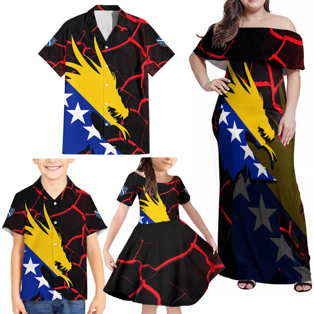 Bosnia and Herzegovina Flag Family Matching Off Shoulder Maxi Dress and Hawaiian Shirt with Dragon Shape - Fusion of National Pride & Sports Spirit