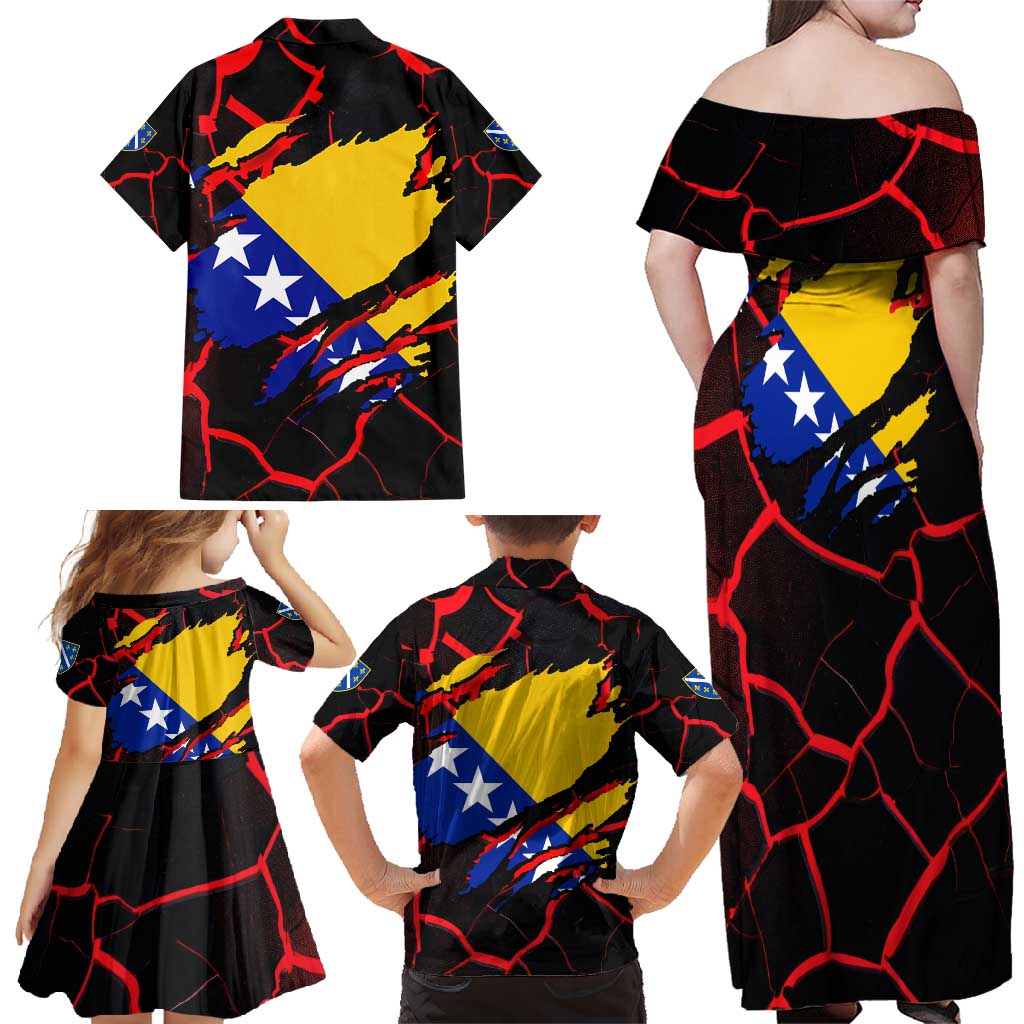 Bosnia and Herzegovina Flag Family Matching Off Shoulder Maxi Dress and Hawaiian Shirt with Dragon Shape - Fusion of National Pride & Sports Spirit
