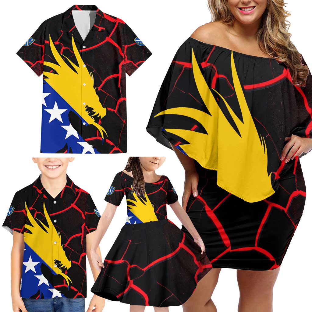 Bosnia and Herzegovina Flag Family Matching Off Shoulder Short Dress and Hawaiian Shirt with Dragon Shape - Fusion of National Pride & Sports Spirit
