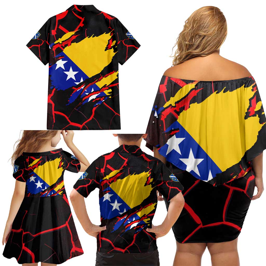 Bosnia and Herzegovina Flag Family Matching Off Shoulder Short Dress and Hawaiian Shirt with Dragon Shape - Fusion of National Pride & Sports Spirit