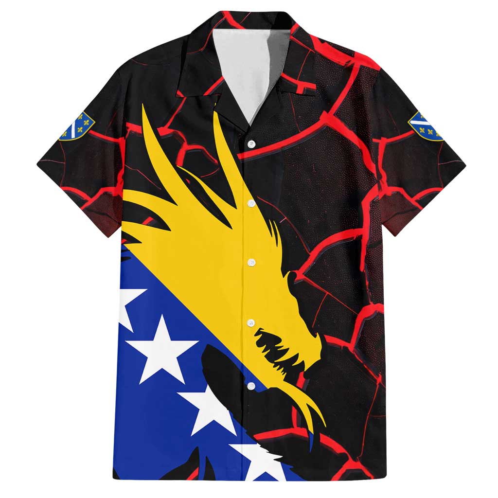 Bosnia and Herzegovina Flag Family Matching Off Shoulder Short Dress and Hawaiian Shirt with Dragon Shape - Fusion of National Pride & Sports Spirit