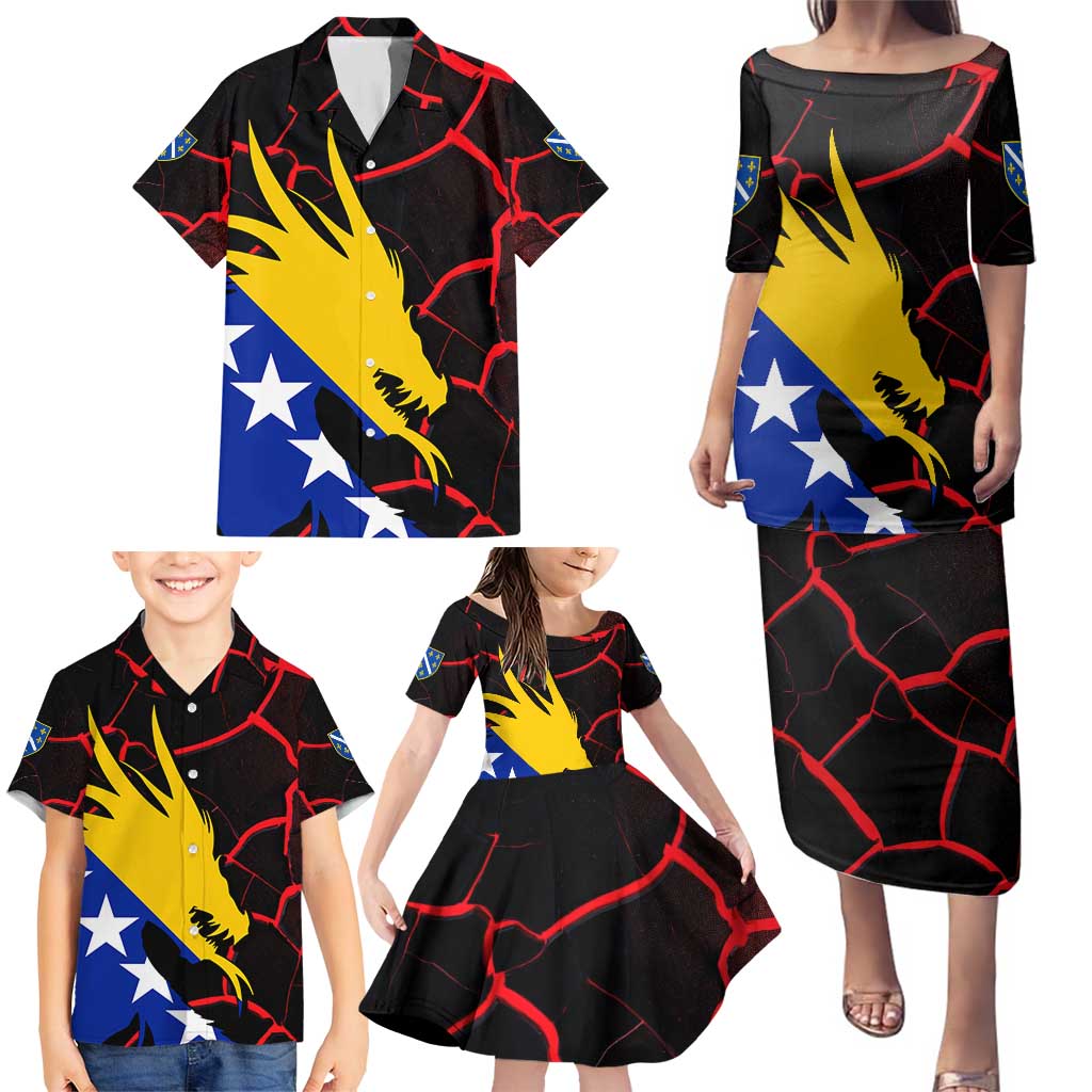 Bosnia and Herzegovina Flag Family Matching Puletasi and Hawaiian Shirt with Dragon Shape - Fusion of National Pride & Sports Spirit