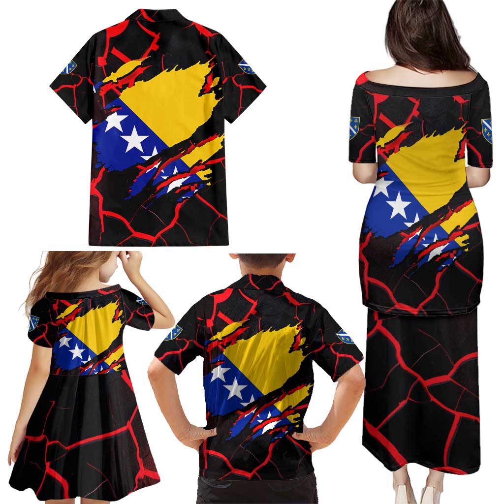 Bosnia and Herzegovina Flag Family Matching Puletasi and Hawaiian Shirt with Dragon Shape - Fusion of National Pride & Sports Spirit