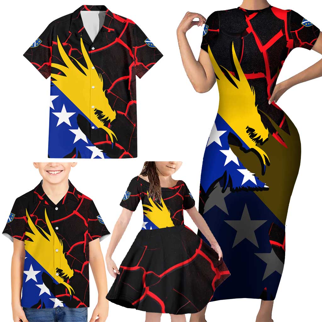Bosnia and Herzegovina Flag Family Matching Short Sleeve Bodycon Dress and Hawaiian Shirt with Dragon Shape - Fusion of National Pride & Sports Spirit