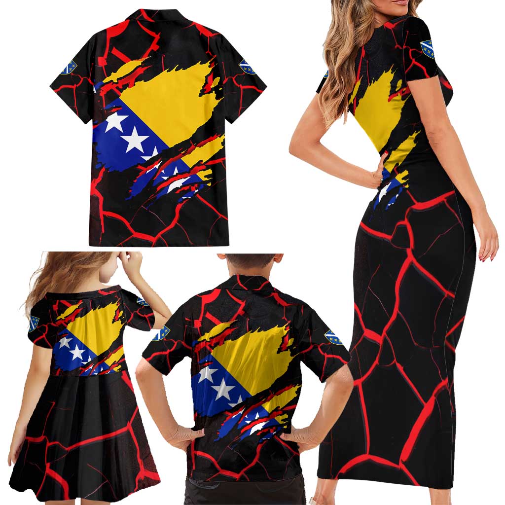 Bosnia and Herzegovina Flag Family Matching Short Sleeve Bodycon Dress and Hawaiian Shirt with Dragon Shape - Fusion of National Pride & Sports Spirit