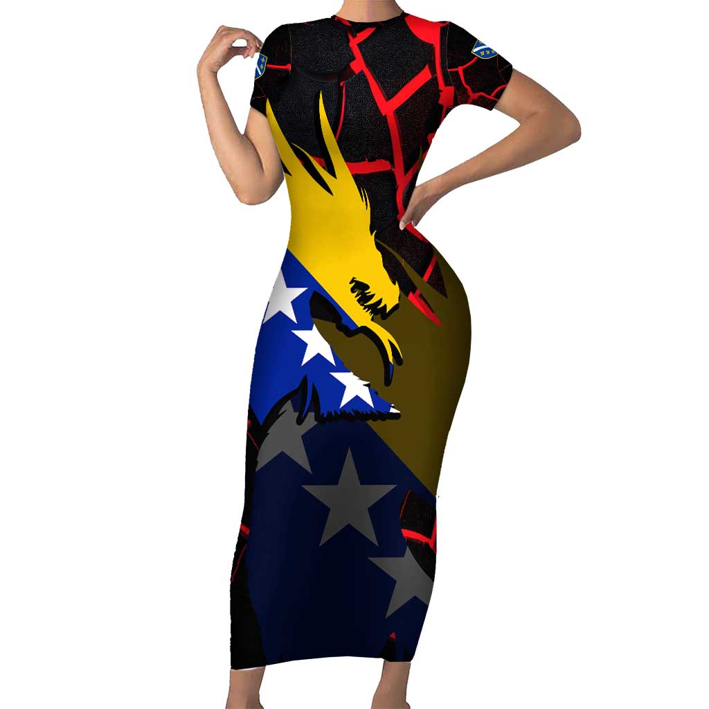 Bosnia and Herzegovina Flag Family Matching Short Sleeve Bodycon Dress and Hawaiian Shirt with Dragon Shape - Fusion of National Pride & Sports Spirit