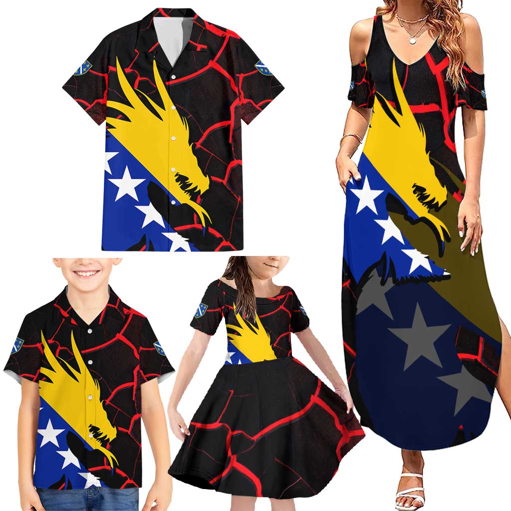 Bosnia and Herzegovina Flag Family Matching Summer Maxi Dress and Hawaiian Shirt with Dragon Shape - Fusion of National Pride & Sports Spirit