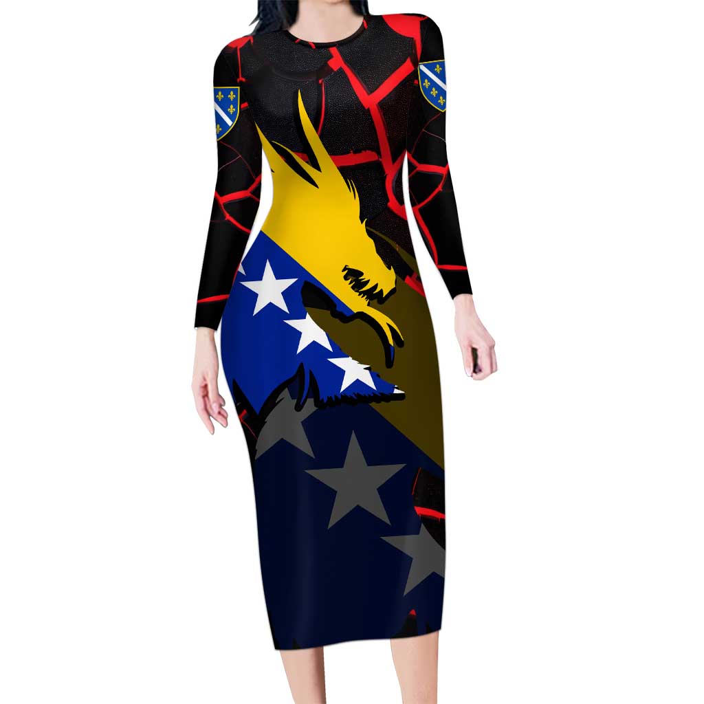 Bosnia and Herzegovina Flag Long Sleeve Bodycon Dress with Dragon Shape - Fusion of National Pride & Sports Spirit